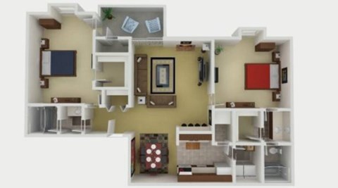A 3D floor plan of a house with a kitchen, living room, and two bedrooms.